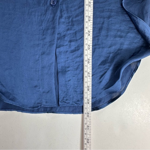 MISA Silky Romantic Button Blouse Womens Medium 3/4 Sleeves Ruffle Blue Satin - Picture 6 of 9